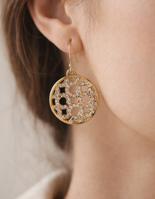 Load image into Gallery viewer, Coach Gold Tone Crystal Logo Drop Earrings – Signature C Statement Earrings
