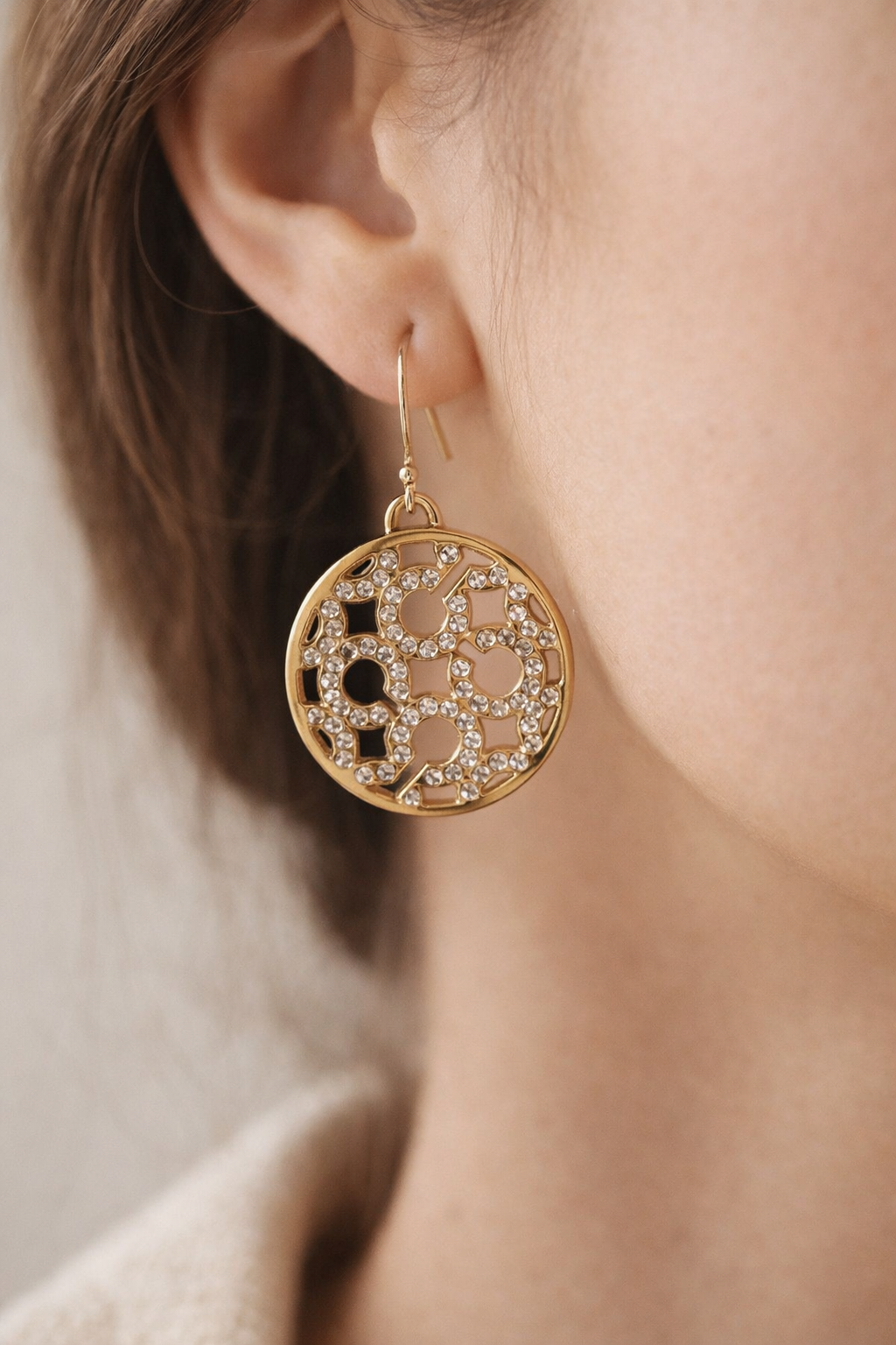 Coach Gold Tone Crystal Logo Drop Earrings – Signature C Statement Earrings