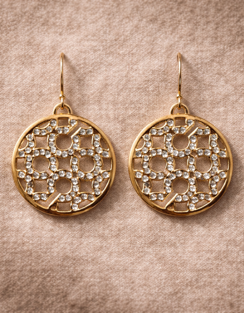 Load image into Gallery viewer, Coach Gold Tone Crystal Logo Drop Earrings – Signature C Statement Earrings
