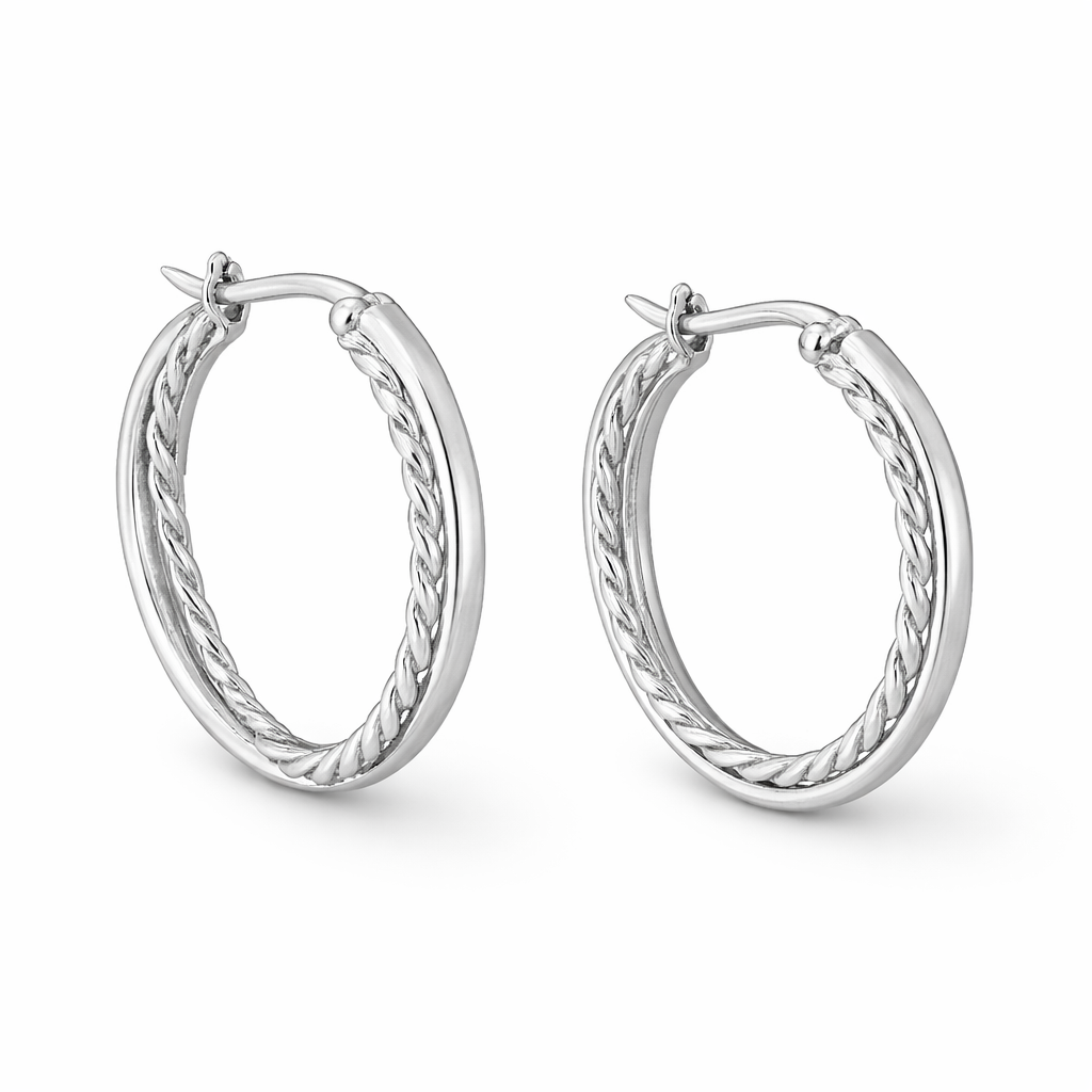 Sterling Silver “Dual Twist Luxe Hoops” Earrings – Braided & Polished Medium Hoops