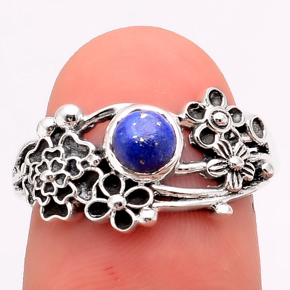 925 Sterling Silver Natural Lapis Floral Ring – Size 6 Boho Flower Statement Ring