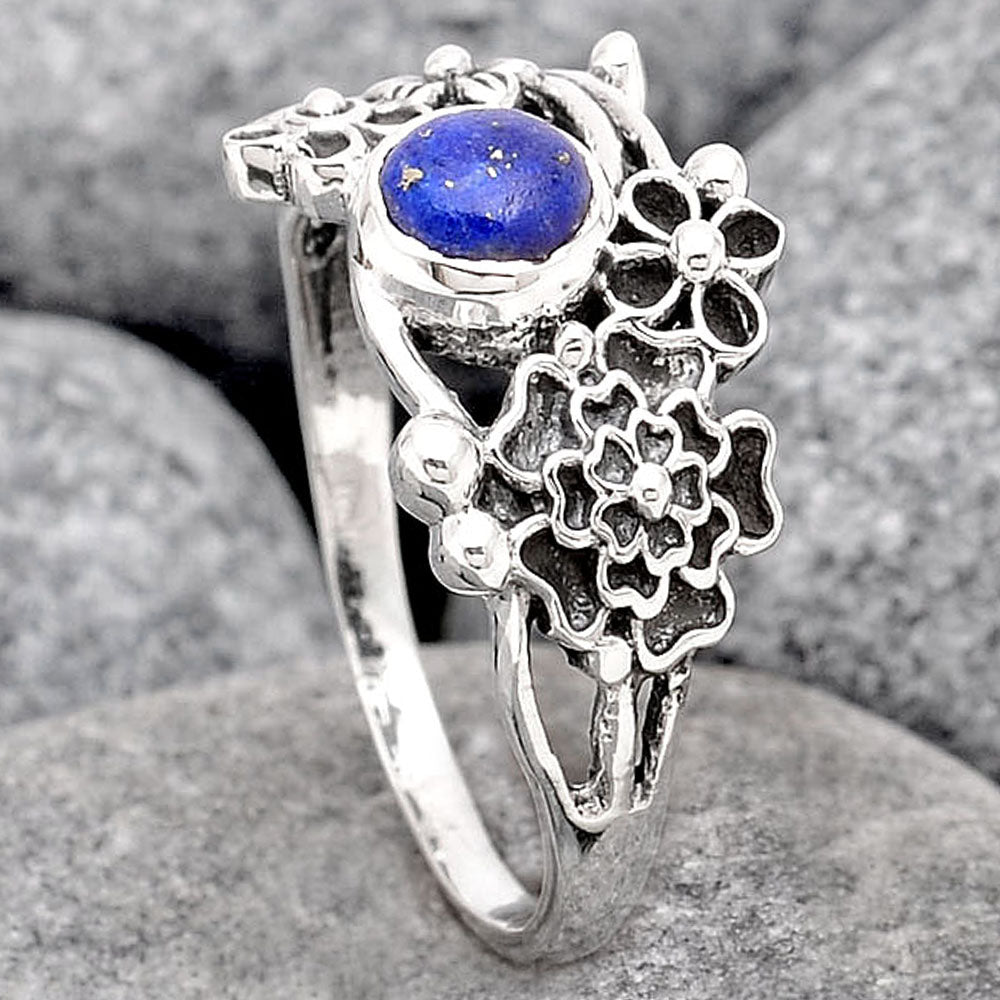 925 Sterling Silver Natural Lapis Floral Ring – Size 6 Boho Flower Statement Ring