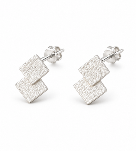 925 Sterling Silver Mini Matte Double Square Stud Earrings