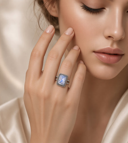 Simply Savvy Bali Artisan Sterling Silver Rainbow Moonstone Ring – Handcrafted 925 Silver – Luxury Moonstone Statement Ring