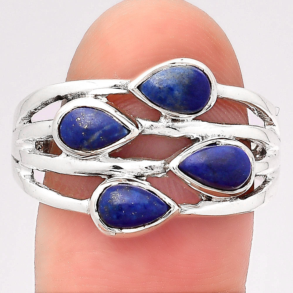 Natural Lapis Lazuli Ring – 925 Sterling Silver Multi Stone Pear Design Size 6