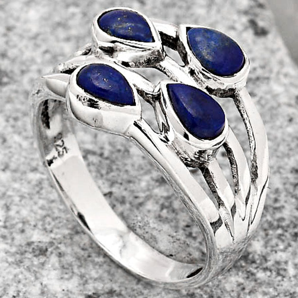 Natural Lapis Lazuli Ring – 925 Sterling Silver Multi Stone Pear Design Size 6