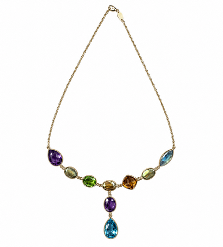 Simply Savvy “Aurora Cascade” 14K Gold Multi-Gemstone Necklace – Amethyst, Citrine, Peridot & Blue Topaz Drop Pendant 17”