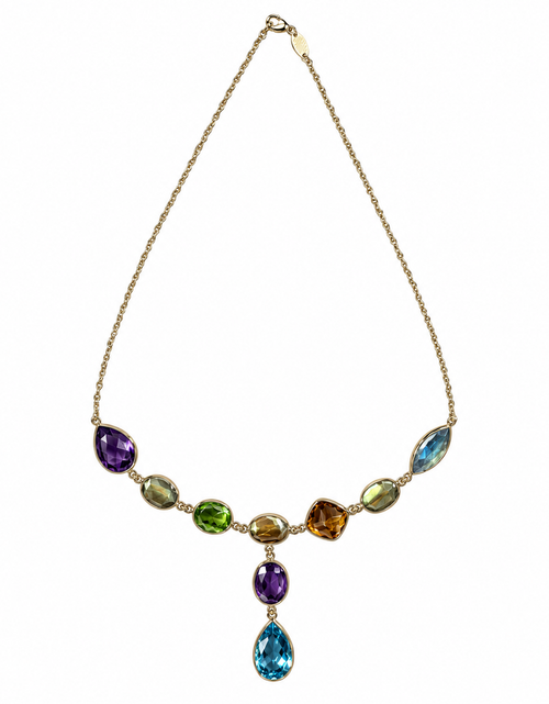 Load image into Gallery viewer, Simply Savvy “Aurora Cascade” 14K Gold Multi-Gemstone Necklace – Amethyst, Citrine, Peridot &amp; Blue Topaz Drop Pendant 17”
