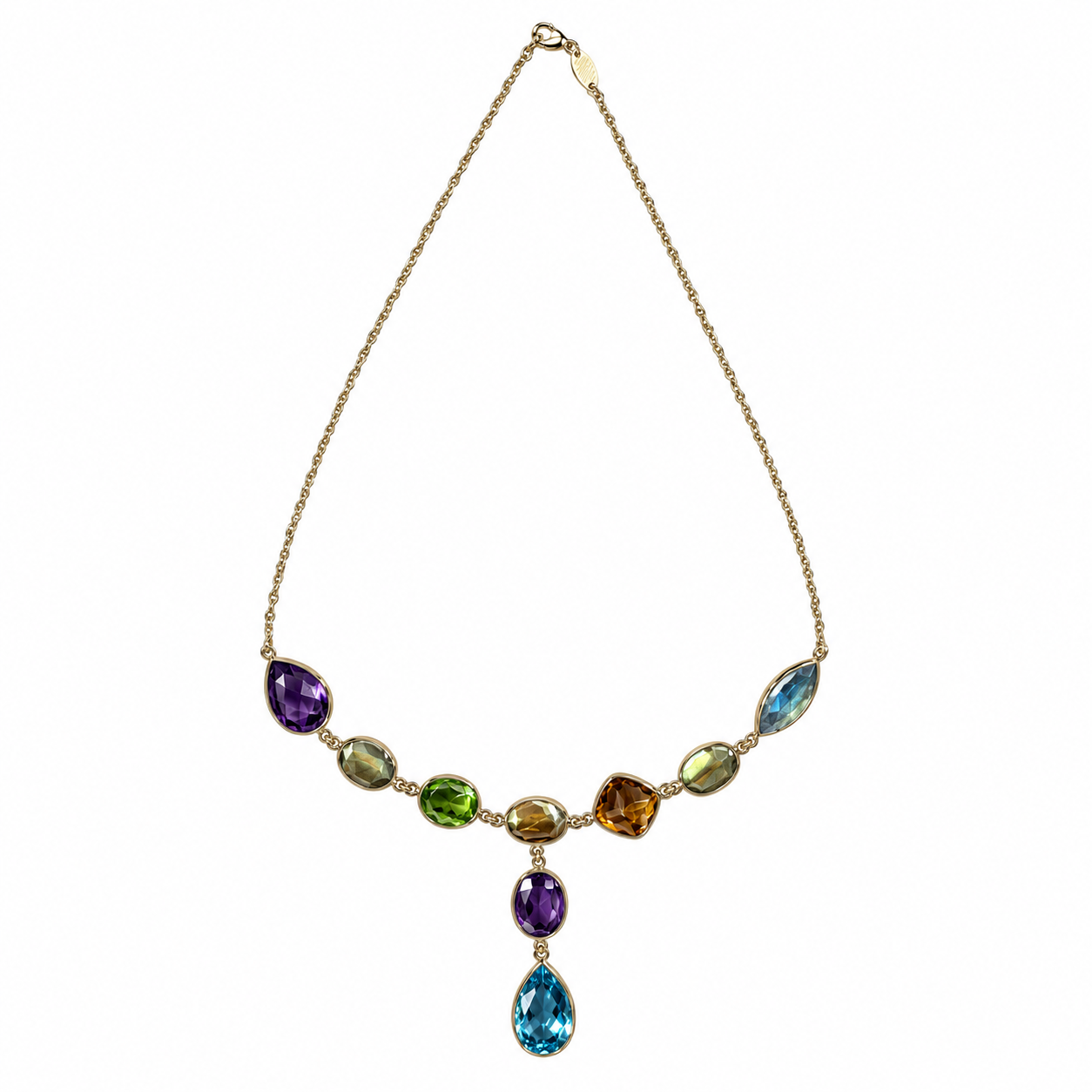 Simply Savvy “Aurora Cascade” 14K Gold Multi-Gemstone Necklace – Amethyst, Citrine, Peridot & Blue Topaz Drop Pendant 17”