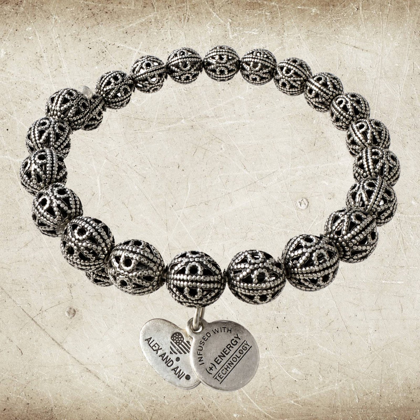 Alex and Ani Vintage Sixty-Six Silver Tone Filigree Beaded Bracelet