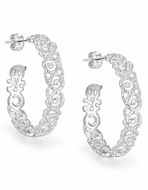 Load image into Gallery viewer, 925 Sterling Silver “Ornate Swirl Hoop” Earrings
