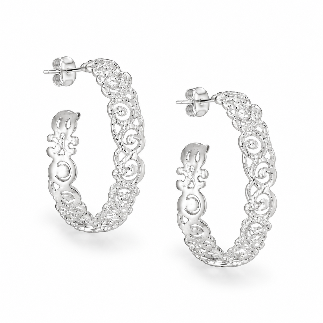 925 Sterling Silver “Ornate Swirl Hoop” Earrings