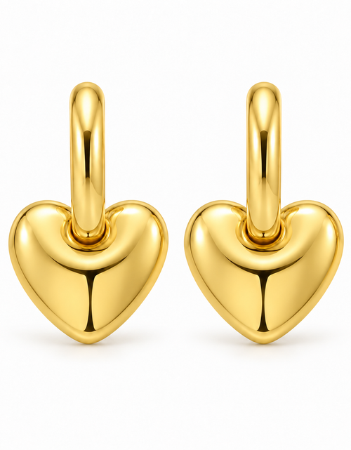 Load image into Gallery viewer, 14K Yellow Gold Puffy Heart Dangle Huggie Hoop Earrings
