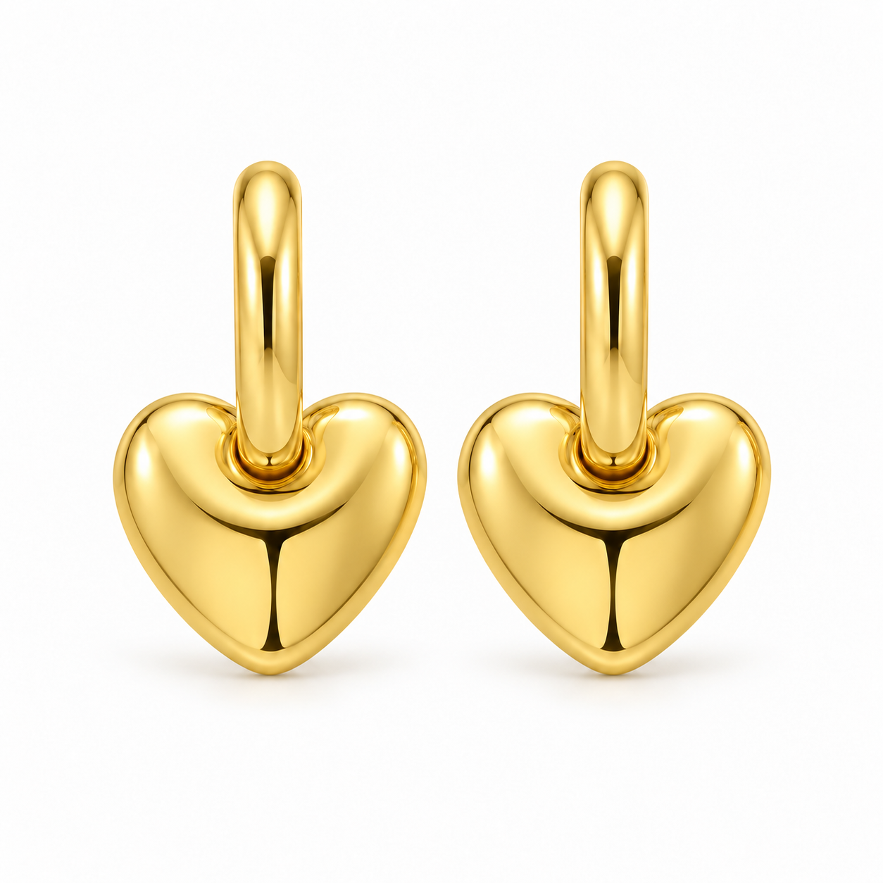 14K Yellow Gold Puffy Heart Dangle Huggie Hoop Earrings