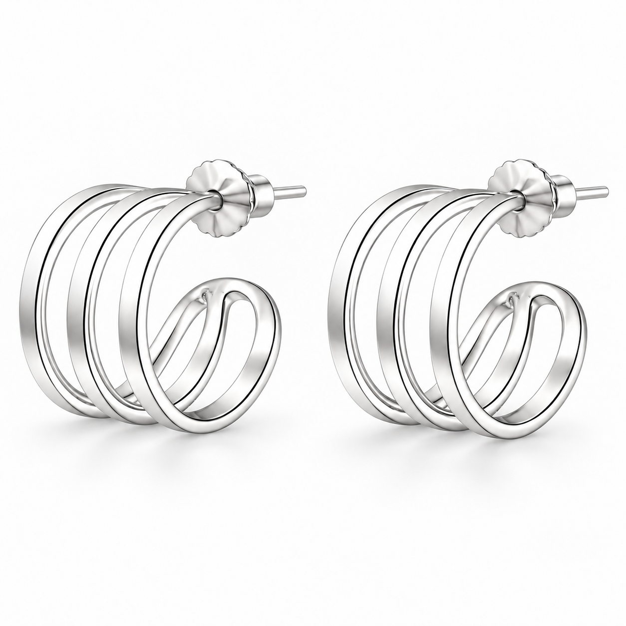 925 Sterling Silver "Mini Triple Curve Stud Hoop" Earrings