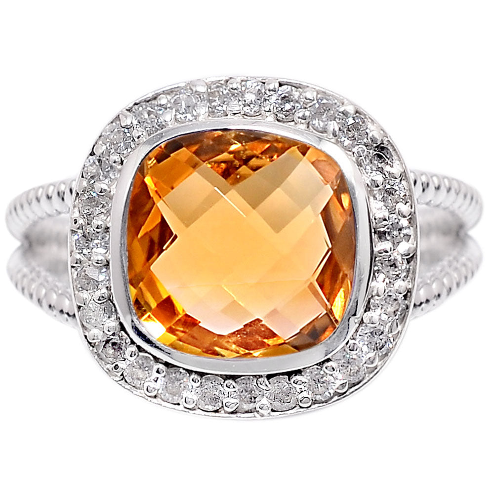 Natural Citrine Cushion Halo Ring 925 Sterling Silver 10mm Size 6 November Birthstone