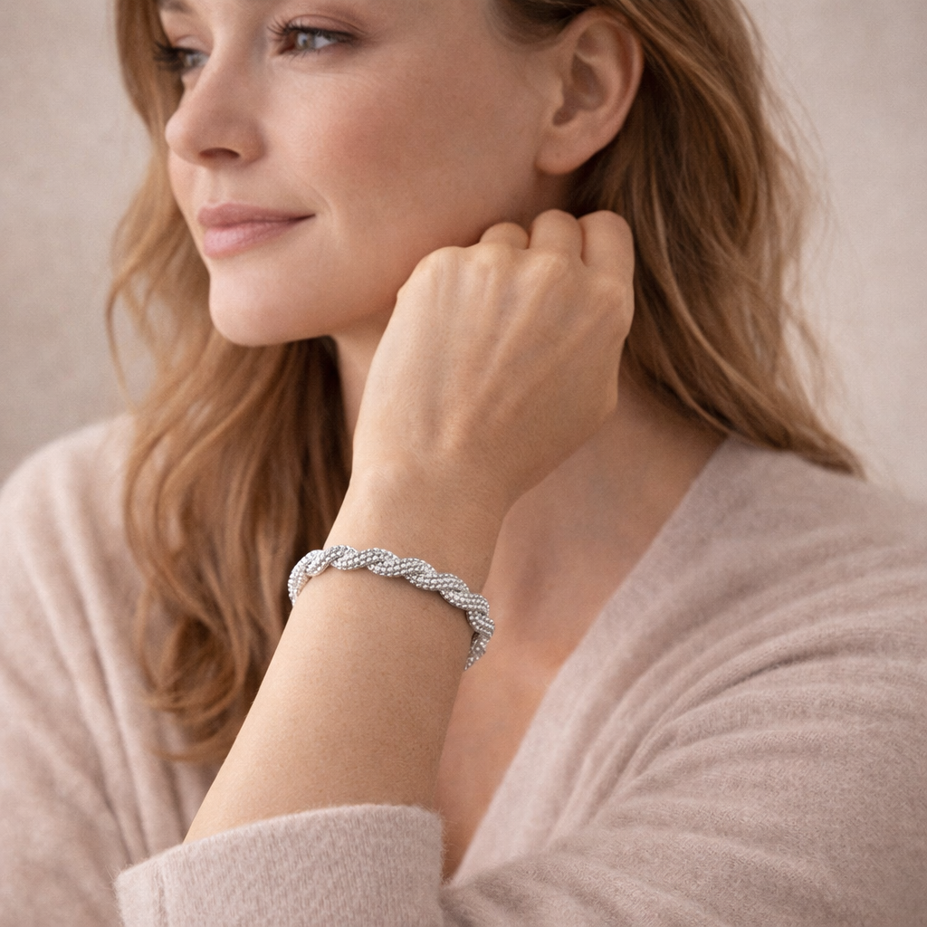 925 Sterling Silver Diamond-Cut Braided Bracelet - "Soft Shimmer Mesh Bracelet"