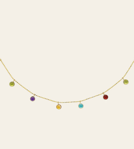 14K Yellow Gold Multi-Color Round Charm Necklace – Adjustable 16 to 18 Inch