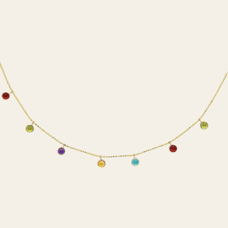14K Yellow Gold Multi-Color Round Charm Necklace – Adjustable 16 to 18 Inch