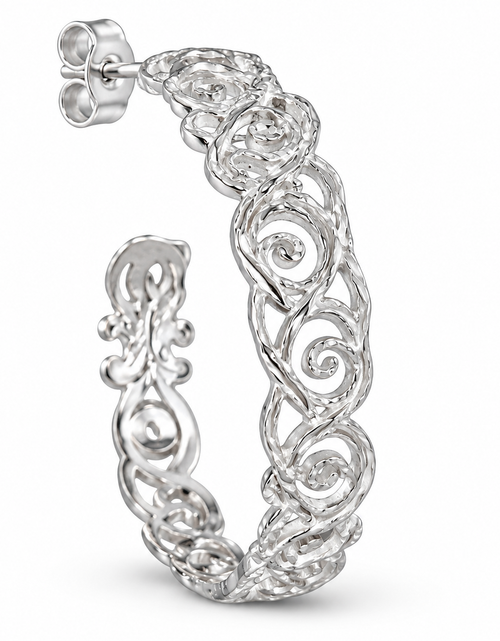 Load image into Gallery viewer, 925 Sterling Silver “Ornate Swirl Hoop” Earrings

