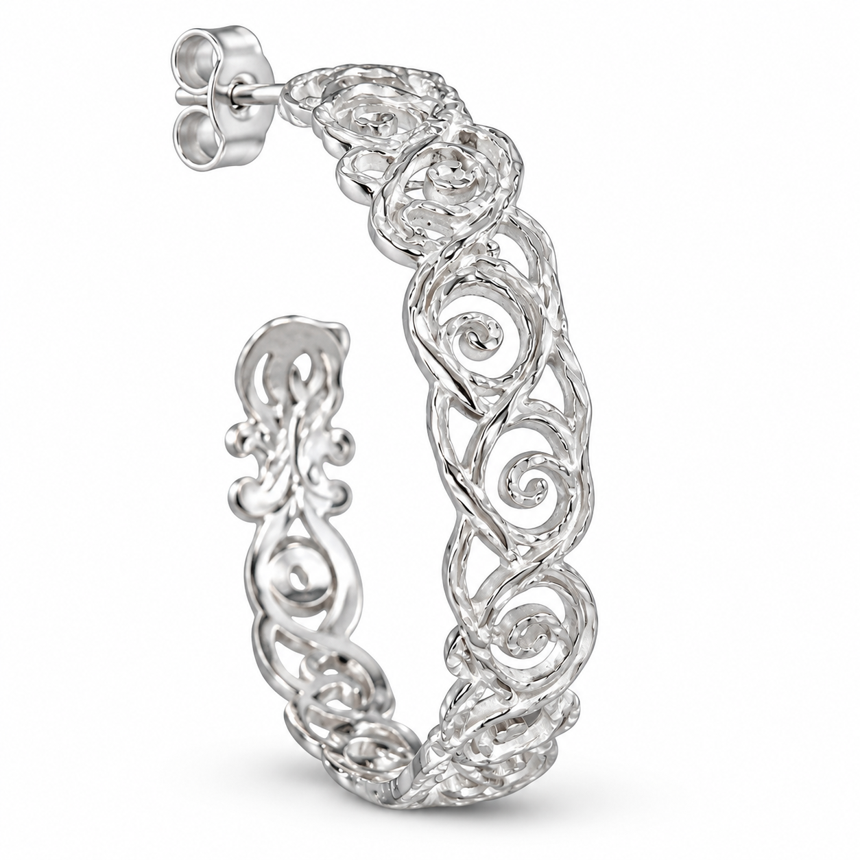 925 Sterling Silver “Ornate Swirl Hoop” Earrings