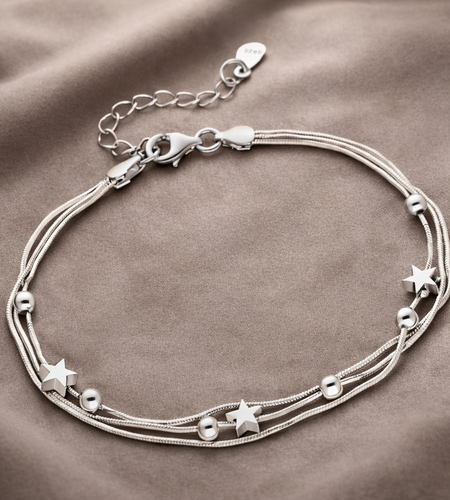 925 Sterling Silver “Starlight Drift” Multi-Strand Star & Bead Bracelet – Celestial Chain