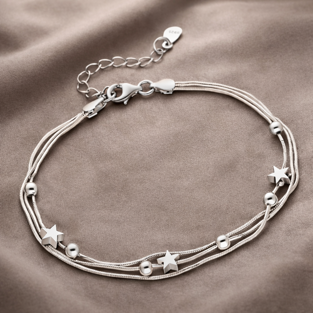 925 Sterling Silver “Starlight Drift” Multi-Strand Star & Bead Bracelet – Celestial Chain