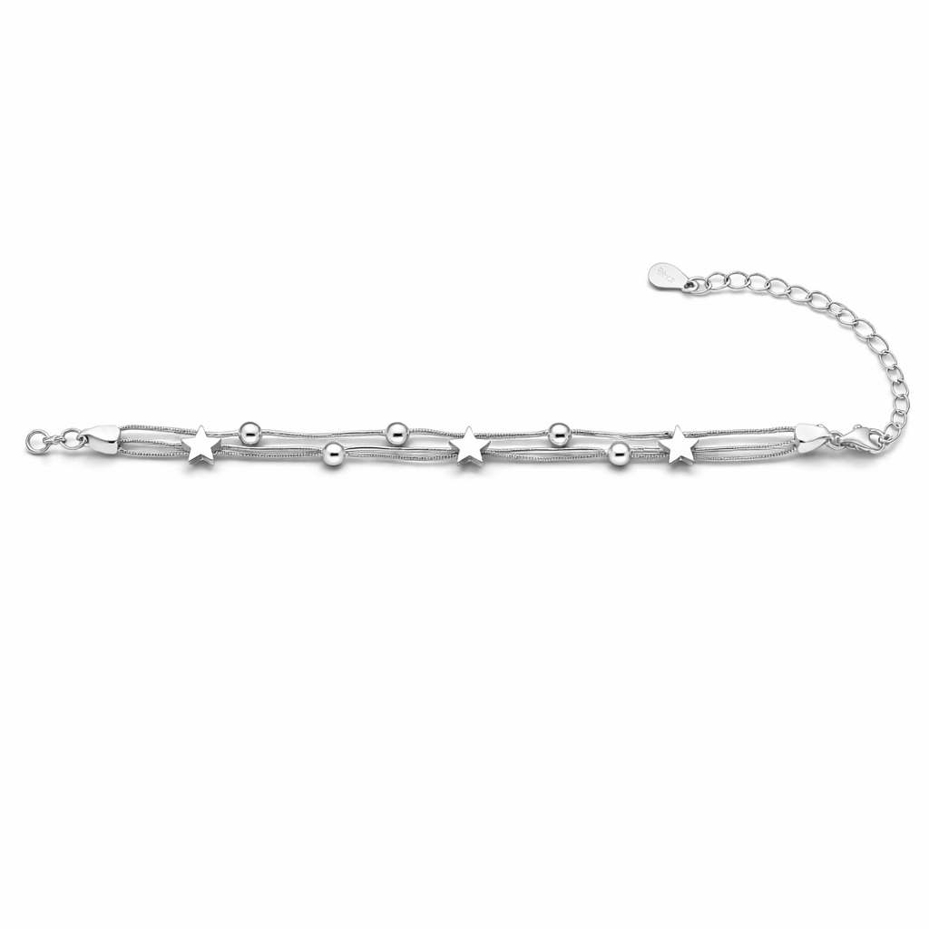 925 Sterling Silver “Starlight Drift” Multi-Strand Star & Bead Bracelet – Celestial Chain