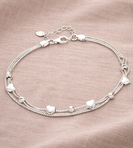 925 Sterling Silver "Sweetheart Drift" Triple Strand Heart & Bead Bracelet