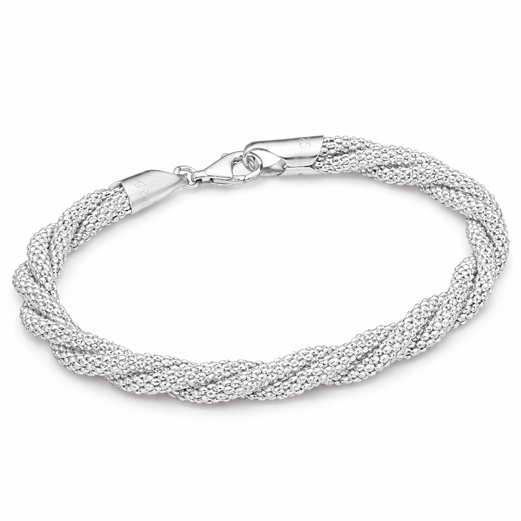 925 Sterling Silver Diamond-Cut Braided Bracelet - "Soft Shimmer Mesh Bracelet"