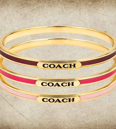 Coach Gold Tone Enamel Bangle Bracelet Set Red Brown Pink Stack