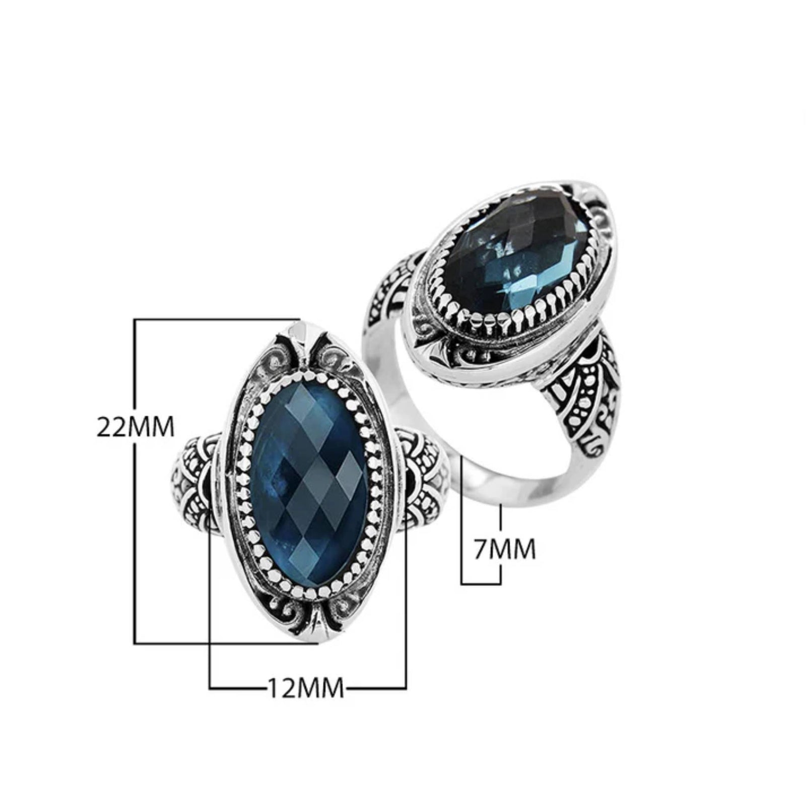 Midnight Bali - London Blue Topaz Quartz Balinese SS Statement Ring