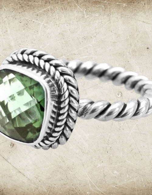 Load image into Gallery viewer, Sage Green Amethyst Quartz Sterling Silver Rope Band Bali Ring
