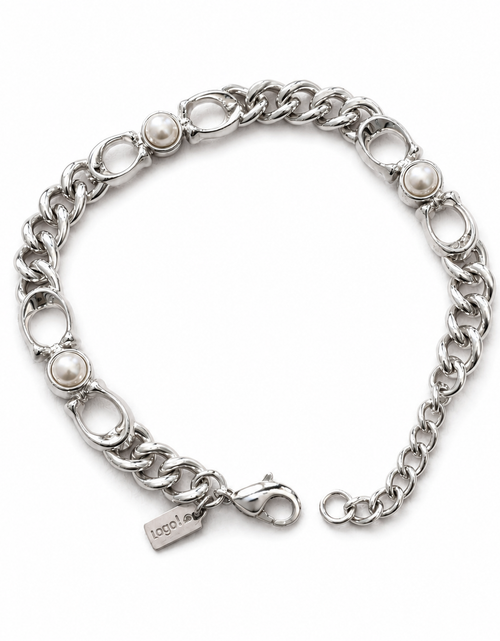 Load image into Gallery viewer, Coach Silver-Tone Pearl Link Chain Bracelet 7.5” + Extender
