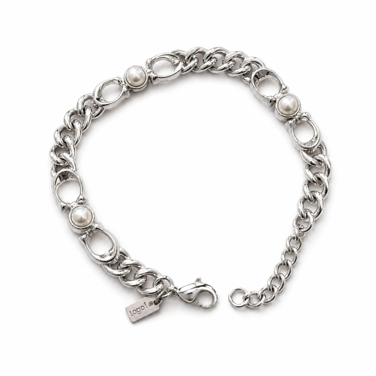 Coach Silver-Tone Pearl Link Chain Bracelet 7.5” + Extender