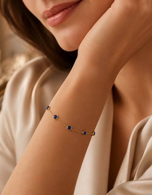 Load image into Gallery viewer, 14K Yellow Gold Blue Sapphire Station Bracelet, 7" Adjustable
