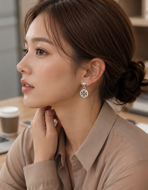 Load image into Gallery viewer, Pre-Owned Tory Burch Silver Tone Logo Medallion Drop Earrings
