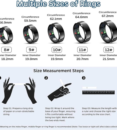 Smart Ring Health Tracker, Sleep Tracker Ring with Heart Rate, Waterproof Fitness Ring for Activity Monitoring/Steps/Distance/Calories, Air Gestures, up to 7-Day Battery, for Ios Android (Black,#10)