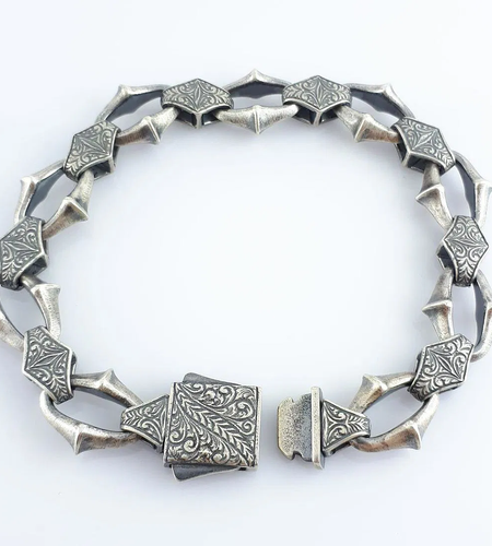 Heritage Forge Silver Bracelet-Heavy 926 Sterling Silver Engraved Link Bracelet – Ornate Artisan Box Clasp (8.66")