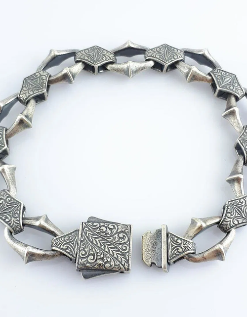 Load image into Gallery viewer, Heritage Forge Silver Bracelet-Heavy 926 Sterling Silver Engraved Link Bracelet – Ornate Artisan Box Clasp (8.66")
