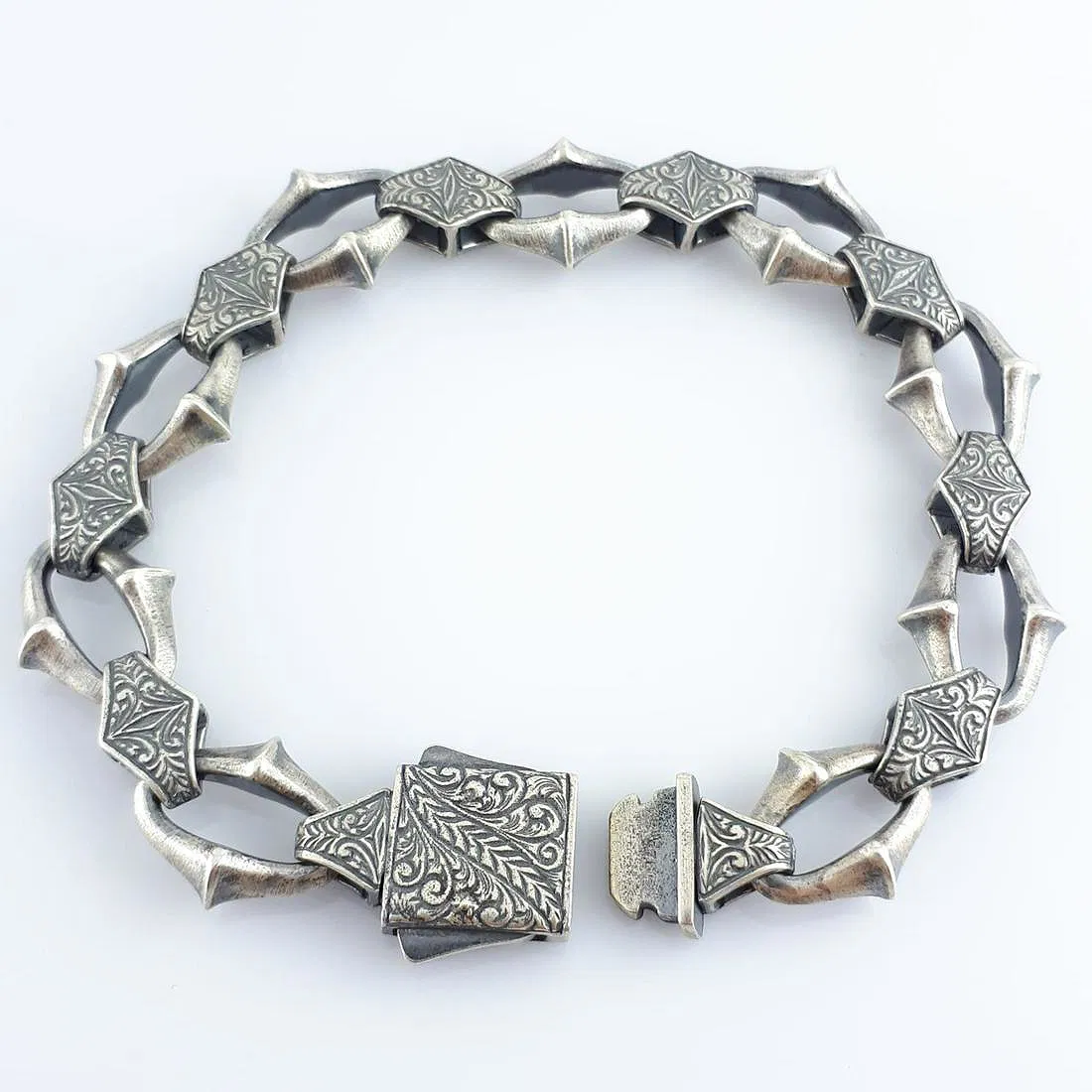 Heritage Forge Silver Bracelet-Heavy 926 Sterling Silver Engraved Link Bracelet – Ornate Artisan Box Clasp (8.66")
