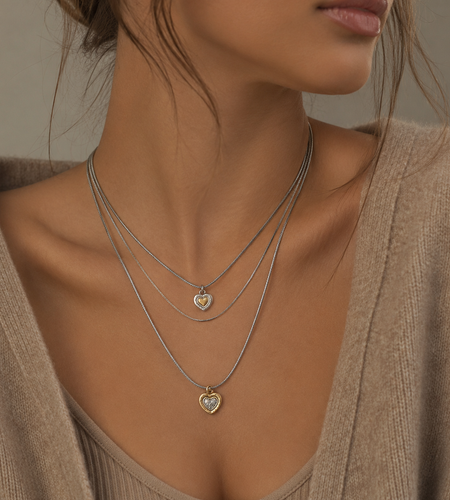 Brighton Two Tone Double Heart Triple Layered Necklace Adjustable 17.5"