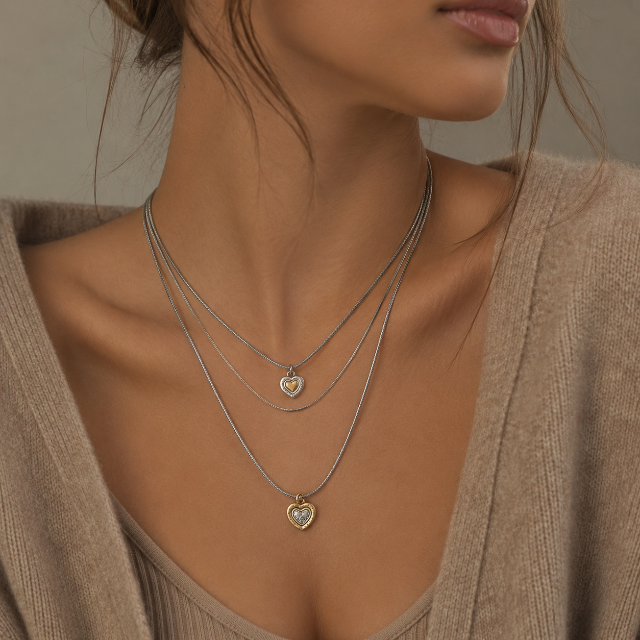 Brighton Two Tone Double Heart Triple Layered Necklace Adjustable 17.5"