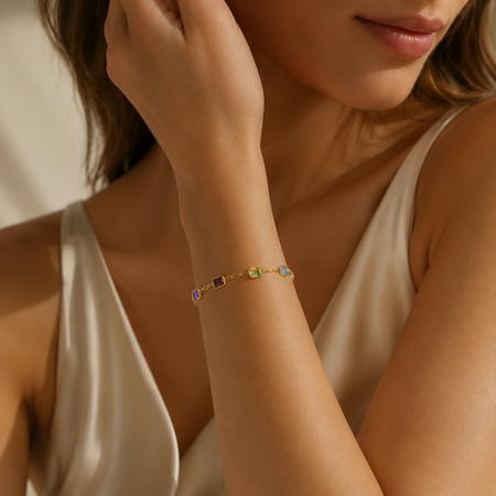 14K Yellow Gold Multi Gemstone Paperclip Bracelet, 7"
