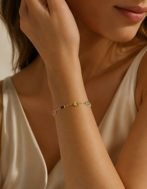 Load image into Gallery viewer, 14K Yellow Gold Multi Gemstone Paperclip Bracelet, 7"
