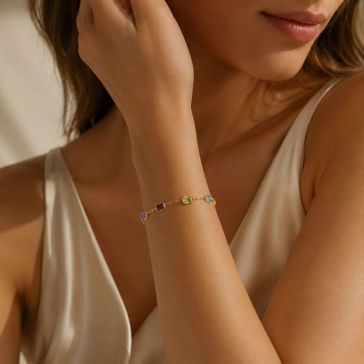 14K Yellow Gold Multi Gemstone Paperclip Bracelet, 7"