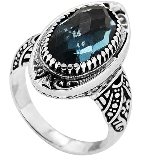 Midnight Bali - London Blue Topaz Quartz Balinese SS Statement Ring