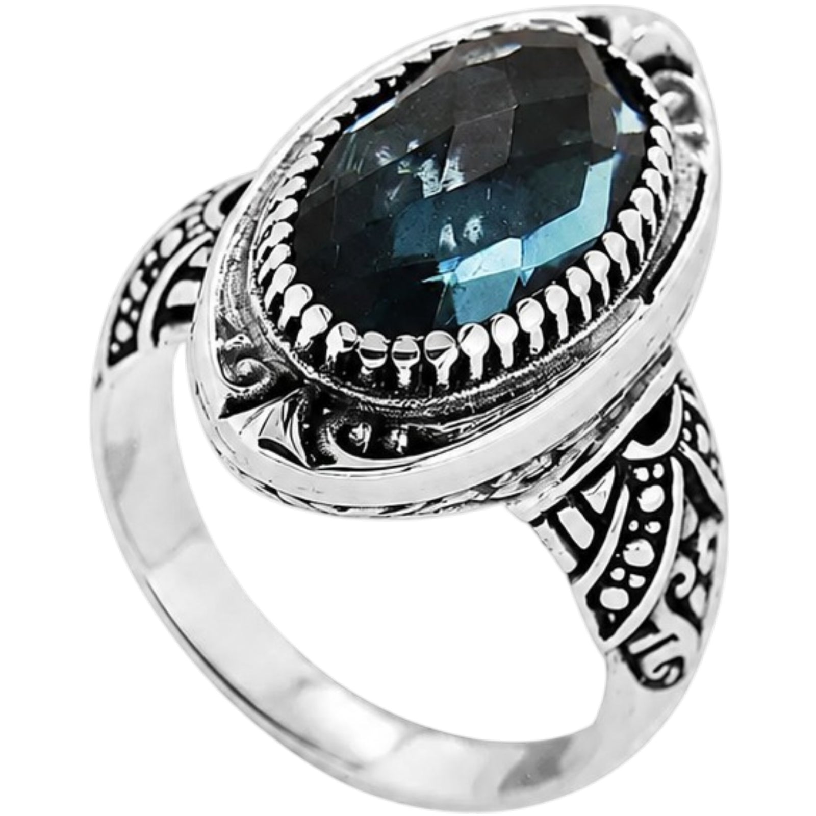 Midnight Bali - London Blue Topaz Quartz Balinese SS Statement Ring