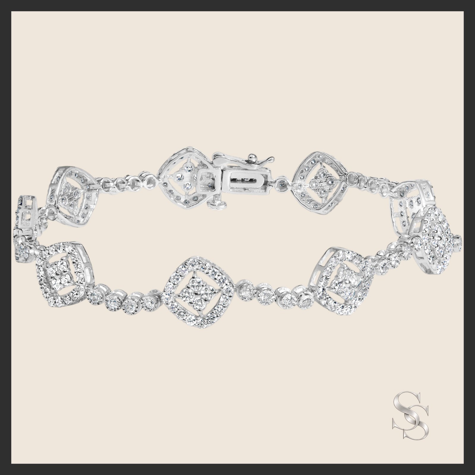 Sterling Silver 3.00 cttw Diamond Halo Square Link Bracelet