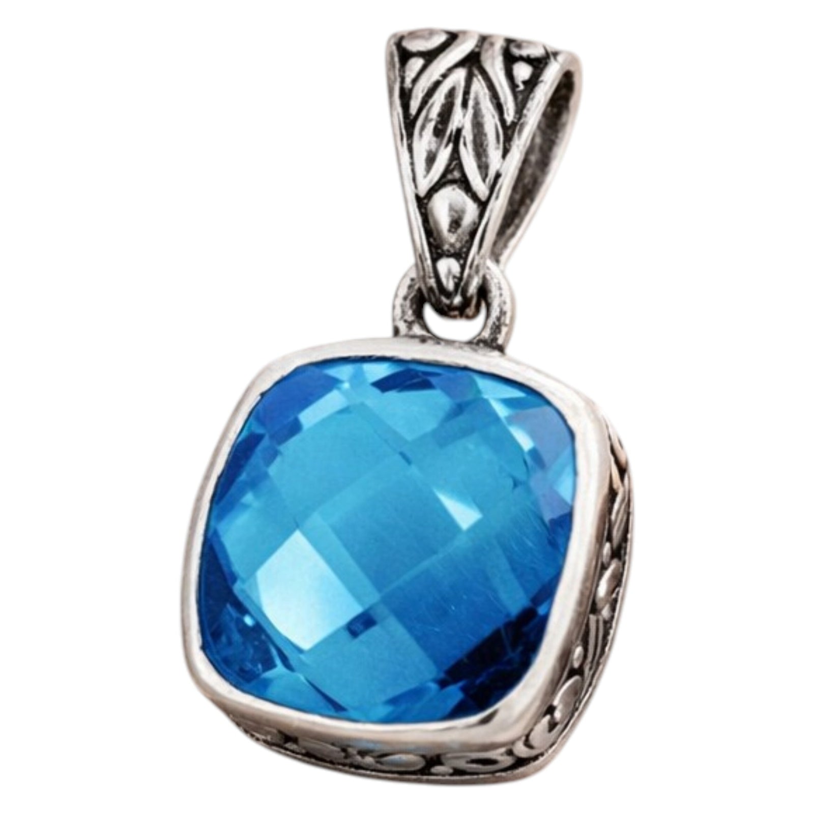 Bali Artisan Sterling Silver London Blue Topaz Pendant – Handcrafted 925 Silver Luxury Cushion Gemstone Pendant